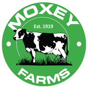 Moxey logo in green with a cartoon dairy cow in the center with white text that reads "Moxey farms est 1919"