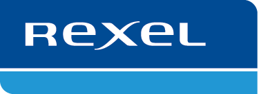 Rexel Logo in blue and light blue. "Rexel" is written in white font.