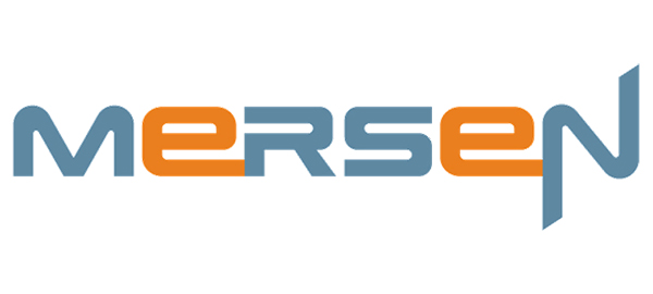 Mersen logo in blue and orange on a white background