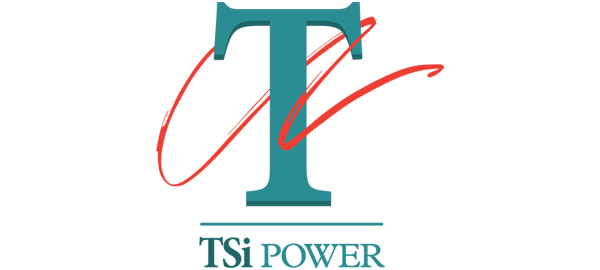 TSI logo. Logo reads "TSi Power" in teal underneath a large letter "T" in teal with a red wavy line through the logo.
