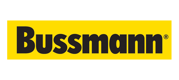 Bussmann logo with bold black text that reads "Bussmann" on a yellow background.
