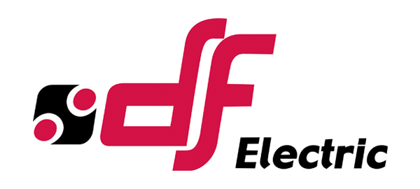 Df electric logo in grey and pink on a white background