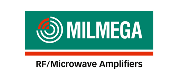 Milmega logo reads "milmega" in teal rectangle and white text with red line underneath and black text that reads "RF microwave amplifiers"