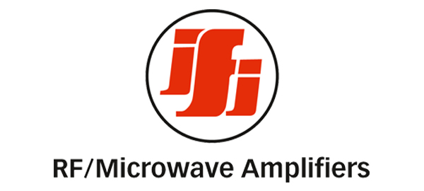 IFI logo in orange on white background with black circle border. Text underneath in black reads "RF/Microwave amplifiers"